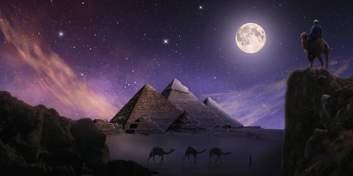 ночь, египет, небо, пирамиды, звёзды, луна, верблюды, фиолетовые, коричневые