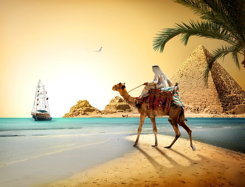 египет, пирамиды, бедуин на верблюде, море, корабль, бежевые, голубые