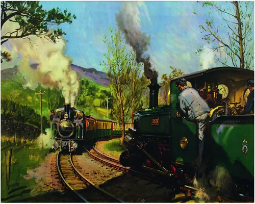 поезд, железная дорога, состав, картина, машинист, живопись, черные, зеленые, коричневые
